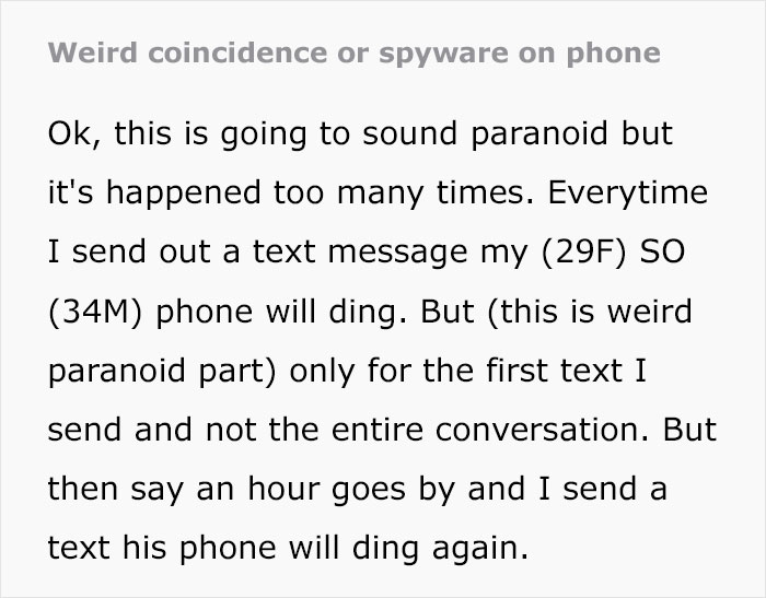 Text discussing phone dinging and possible spyware in relationship context Text discussing phone dinging and possible spyware in relationship context