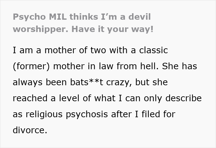 Text excerpt about mother in law from hell and religious psychosis Text excerpt about mother in law from hell and religious psychosis