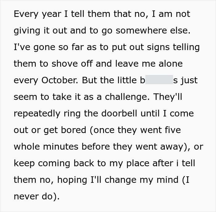Story excerpt about persistent kids ringing doorbell for Halloween candy