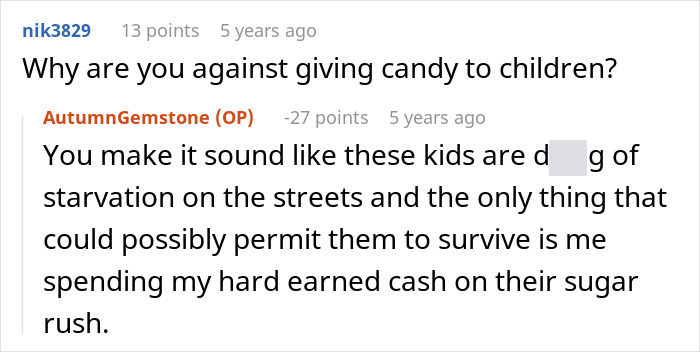 Question about reasons for not giving candy to children in Halloween story