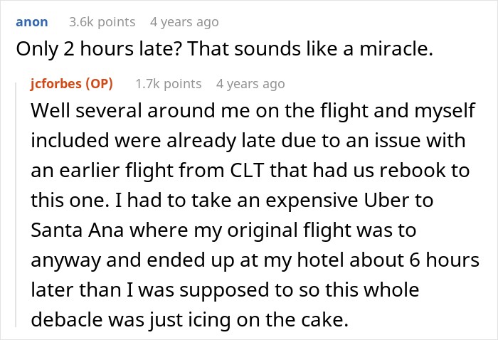 A comment thread discussing travel delays after a flight diverted due to an unruly passenger. A comment thread discussing travel delays after a flight diverted due to an unruly passenger.