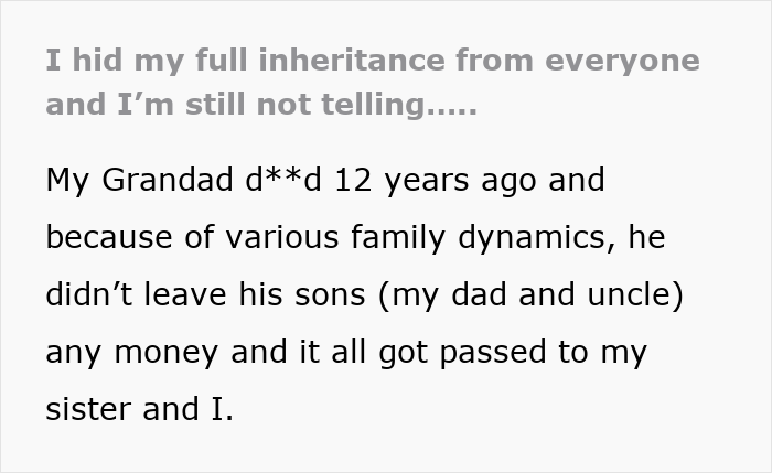 Text post detailing how a woman received a life-changing inheritance left by her late grandad. Text post detailing how a woman received a life-changing inheritance left by her late grandad.
