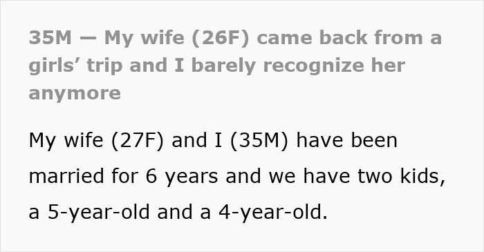 Text post about a husband whose wife returned from a girls' trip changed, sensing something is off in their marriage