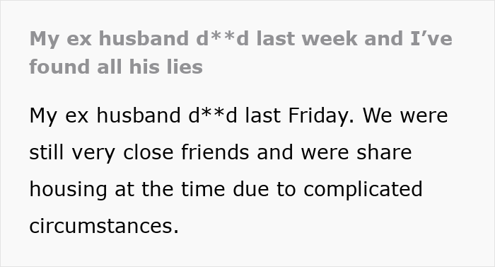 Text post about a woman finding ex's lies before his funeral Text post about a woman finding ex's lies before his funeral