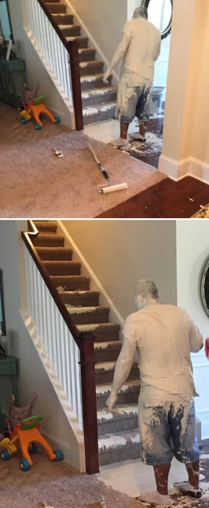 A man completely covered in white paint standing on painted stairs, depicting a hilarious home renovation fiasco