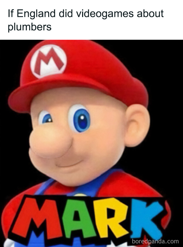 A funny illustration of Mario redesigned as a British plumber named Mark, representing British memes