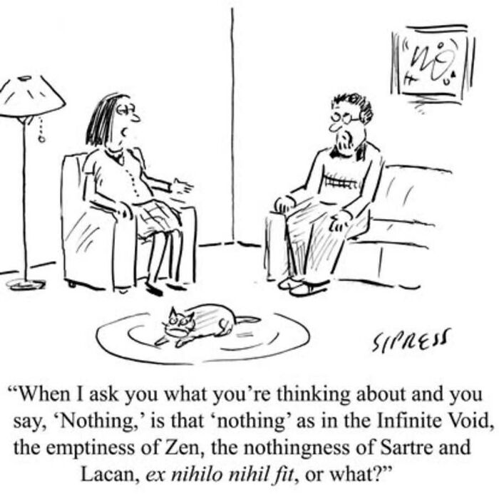 A New Yorker veteran cartoon depicting a woman asking a man about the philosophical meaning of nothing
