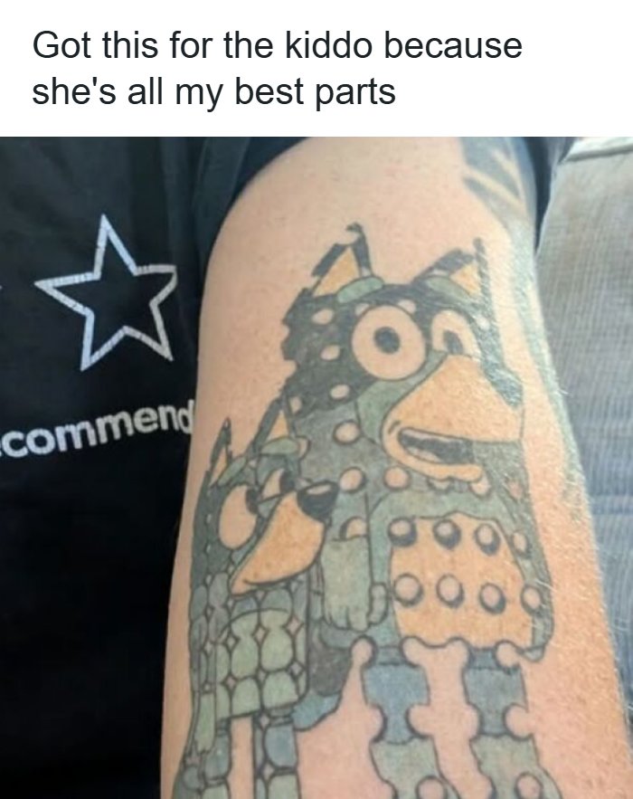 A funny tattoo of Bluey characters, an art project that looks very unusual.