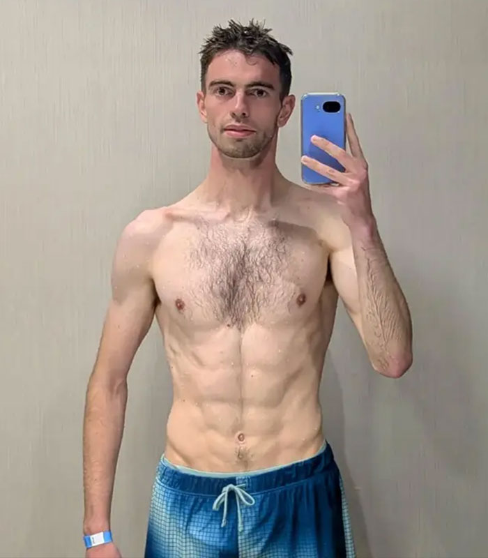 First picture of man fatally mauled by tiger taking a mirror selfie shirtless in blue shorts. First picture of man fatally mauled by tiger taking a mirror selfie shirtless in blue shorts.