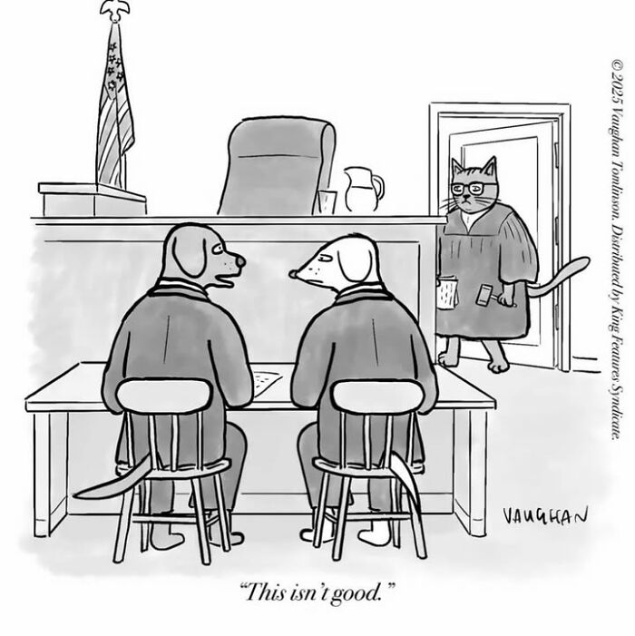 Courtroom scene with dog defendants and a cat judge in comedy comic