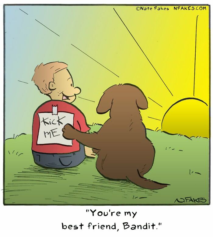 Dog pats owner wearing kick me sign in heartwarming comics imagining dogs talking