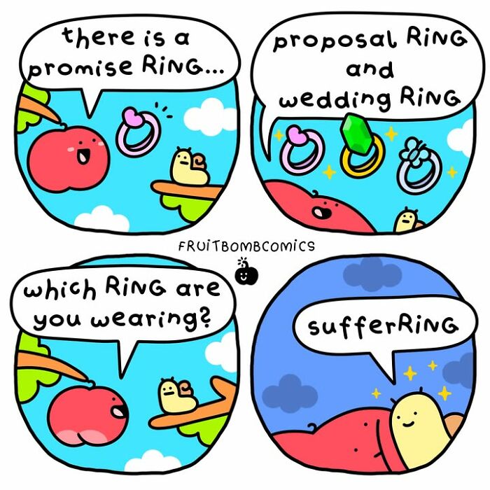 FruitBombComics about promise, proposal, and wedding rings with fruit characters