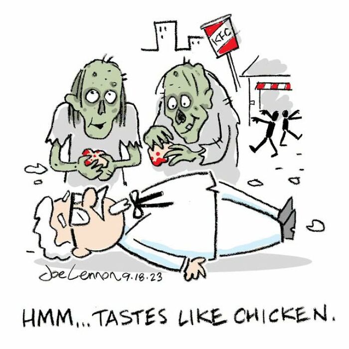 Zombies tasting a man in a comic with Halloween humor by Joe Lennon