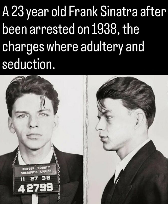 Young Frank Sinatra 1938 mugshot photo featured in fascinating photos and facts about history.