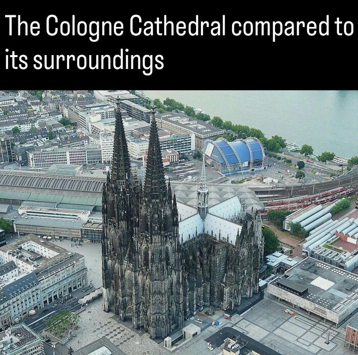 Aerial view photo about history showing the massive Cologne Cathedral alongside surrounding city buildings.