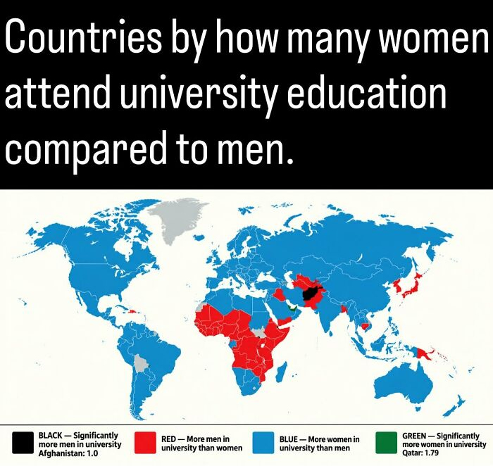 A world map chart showing university education gender ratios, perfect for fascinating photos and facts about history.