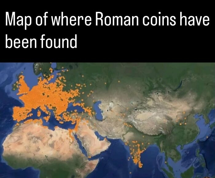 World map showing distribution of Roman coins as part of history photos and facts