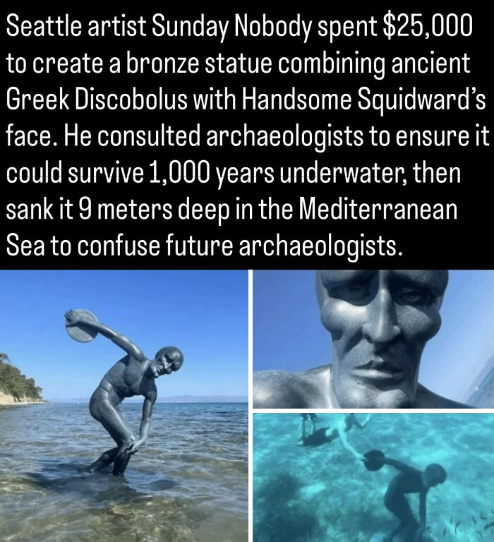 Modern bronze Discobolus statue with Handsome Squidward's face submerged in the ocean, a fascinating history prank.