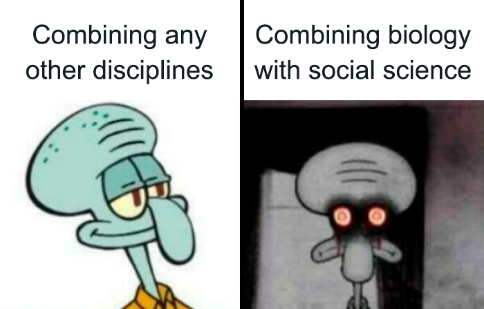 Meme comparing combining biology with other disciplines using squid cartoon