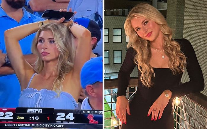 Woman caught at college football game in stands with game score visible on ESPN