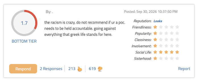 Screenshot of damaging sorority scandal review highlighting racism accusations