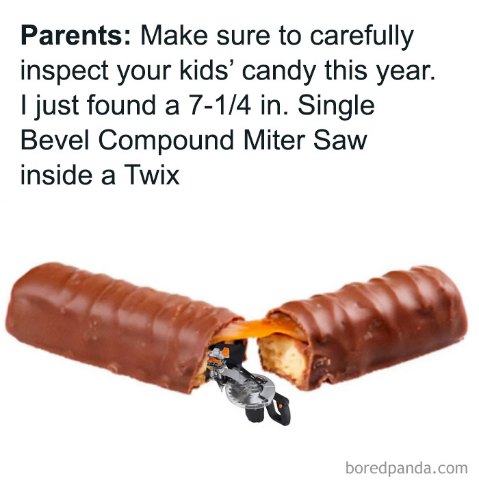 Cringe construction fail meme with a miniature compound miter saw inside a broken chocolate candy bar.
