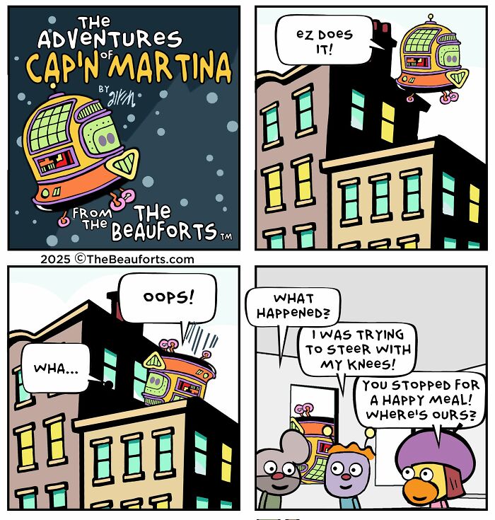 Funny space comics featuring Cap'n Martina flying a colorful spaceship over city buildings and making a bad landing. Funny space comics featuring Cap'n Martina flying a colorful spaceship over city buildings and making a bad landing.