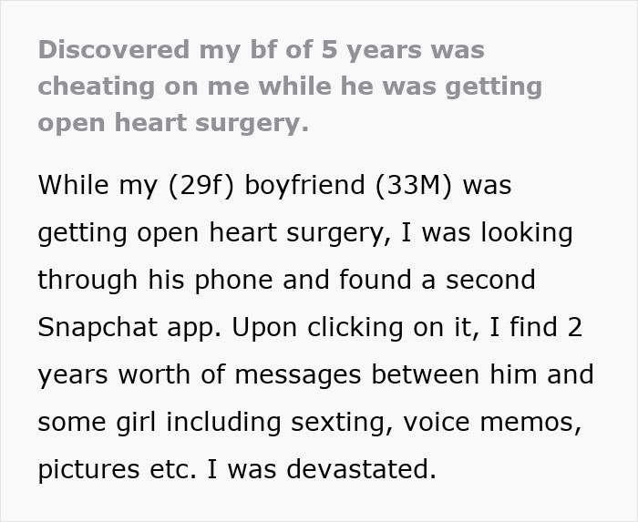 Social media text post describing a woman discovering her boyfriend cheating while he gets heart surgery.