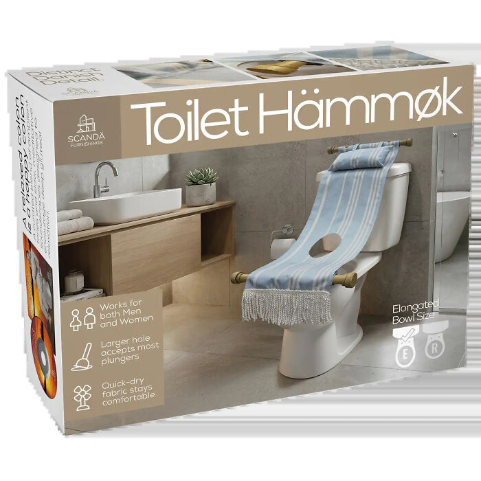 Front view of a hilarious gift box featuring the Toilet Hammock product. Front view of a hilarious gift box featuring the Toilet Hammock product.