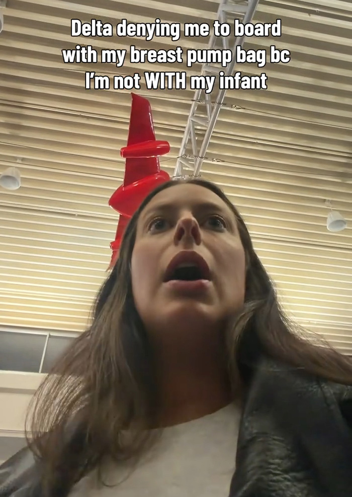 Frustrated Delta passenger recording text about airport exchange regarding her breast pump bag Frustrated Delta passenger recording text about airport exchange regarding her breast pump bag
