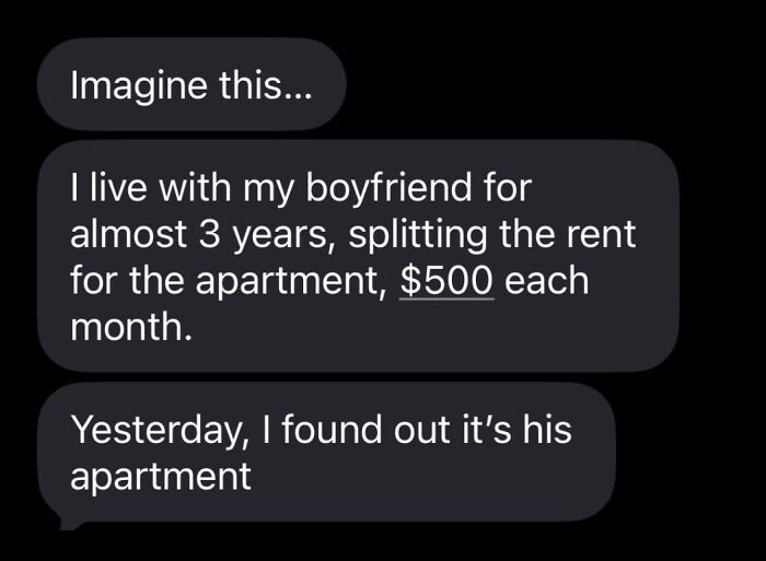 Awkward text screenshots revealing someone paid rent for an apartment their partner owned
