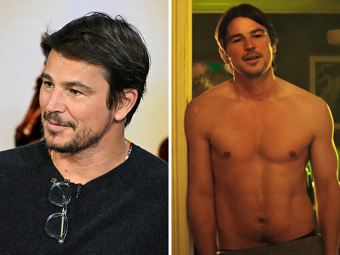 Josh Hartnett close-up on the left and standing shirtless on the right, favored as a Hollywood hunk