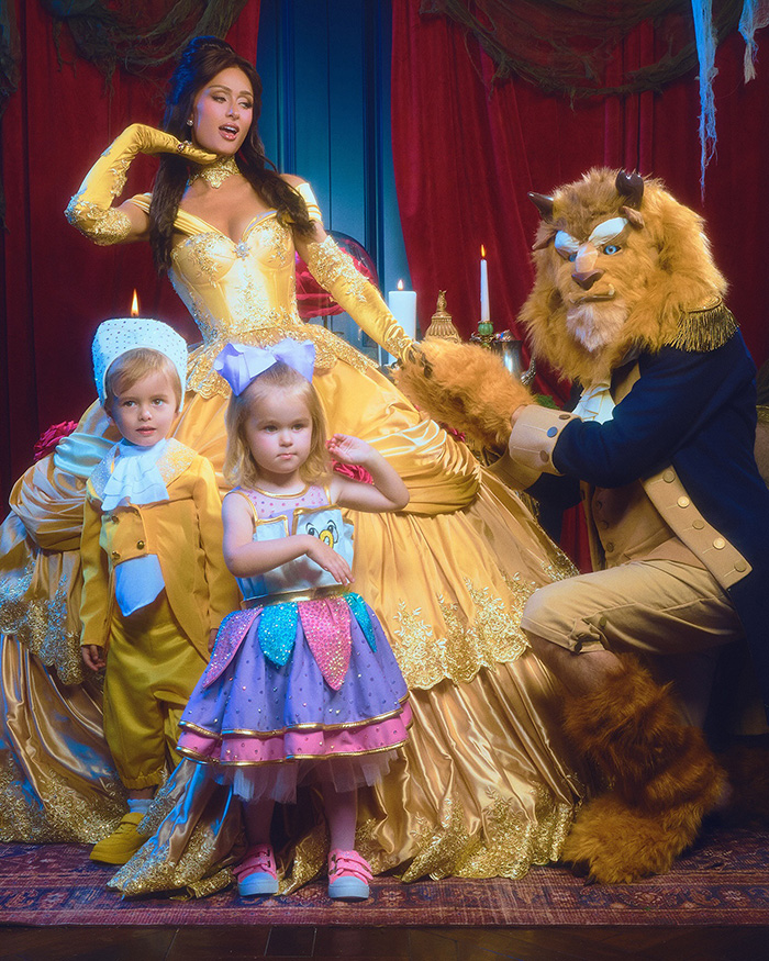 A family in elaborate Beauty and the Beast outfits highlighted among celebrity Halloween costumes.
