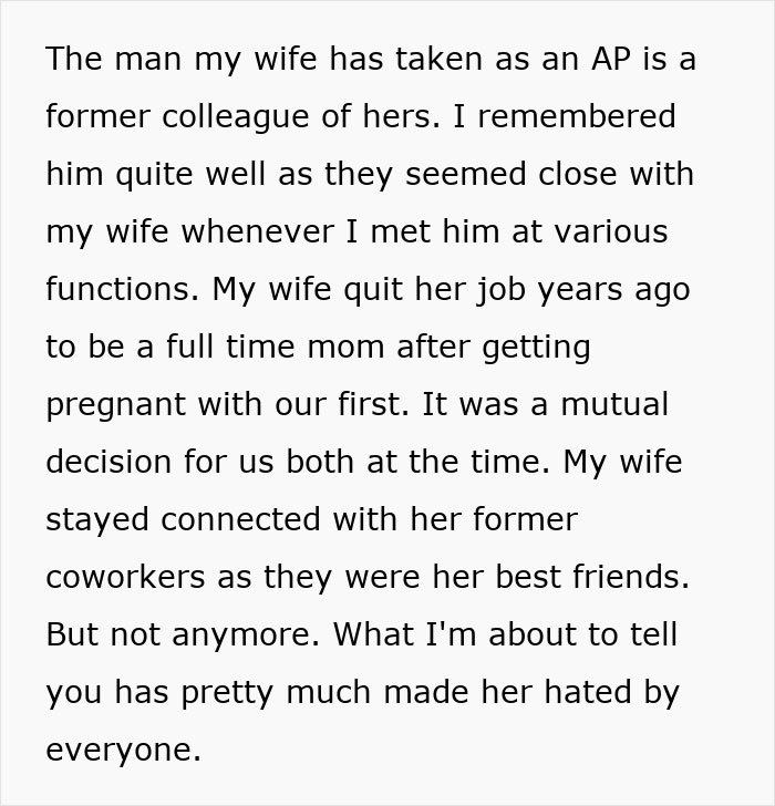 Text post explaining how a wife had a secret affair with a former coworker she stayed connected with over time. Text post explaining how a wife had a secret affair with a former coworker she stayed connected with over time.