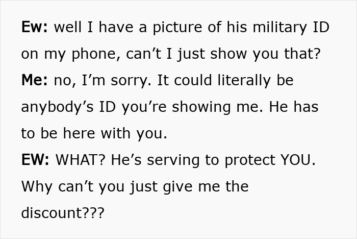 Text snippet showing an entitled mom trying to use a photo of an ID for a military discount. Text snippet showing an entitled mom trying to use a photo of an ID for a military discount.