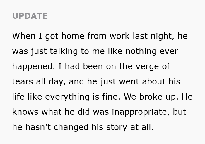 Update about a woman spots unfamiliar shoes by her bed and details of her breaking up with her boyfriend Update about a woman spots unfamiliar shoes by her bed and details of her breaking up with her boyfriend