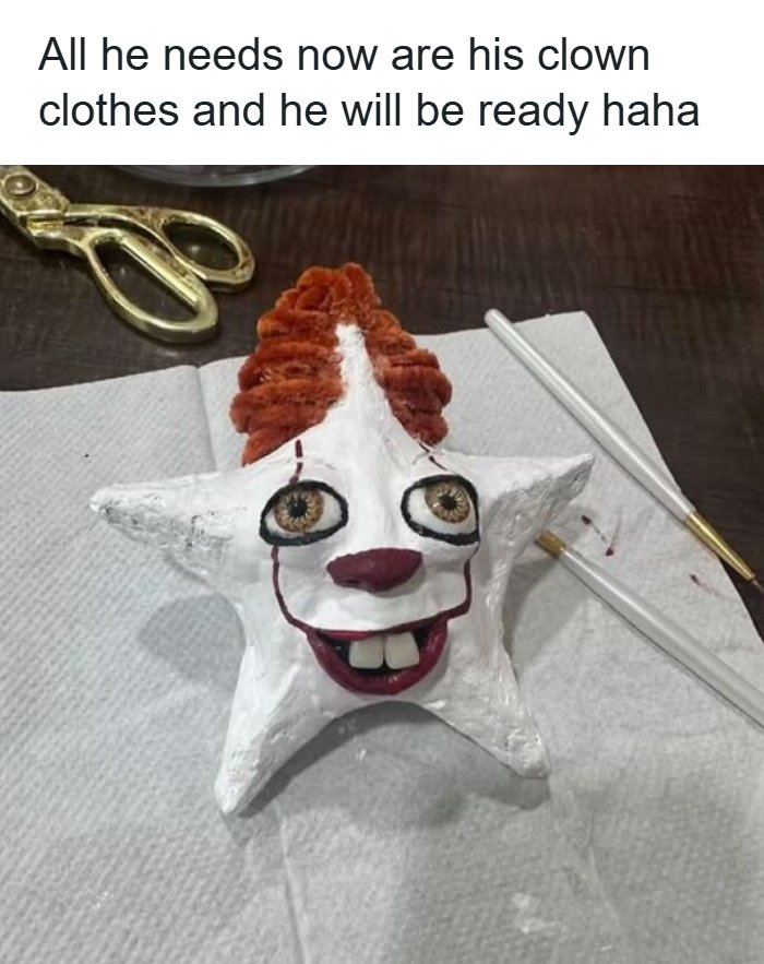 A star-shaped clay ornament painted to look like Pennywise, a hilarious crafts and art projects fail.