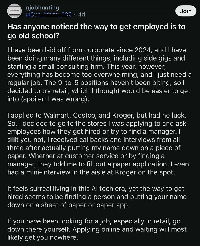 Reddit post about old school job hiring methods beating online applications