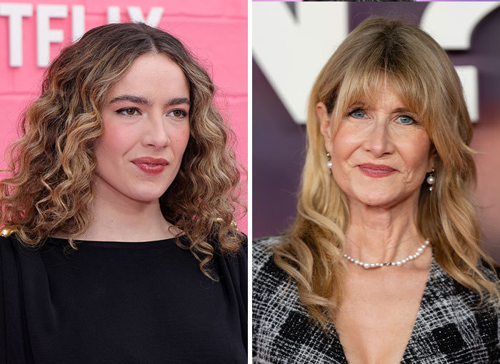 Side-by-side portraits of actor Ellery Harper and her famous mother Laura Dern, highlighting nepo babies in Hollywood.