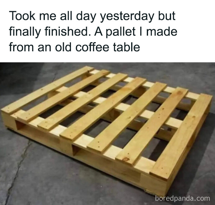 A simple wooden pallet presented as a funny construction fail project