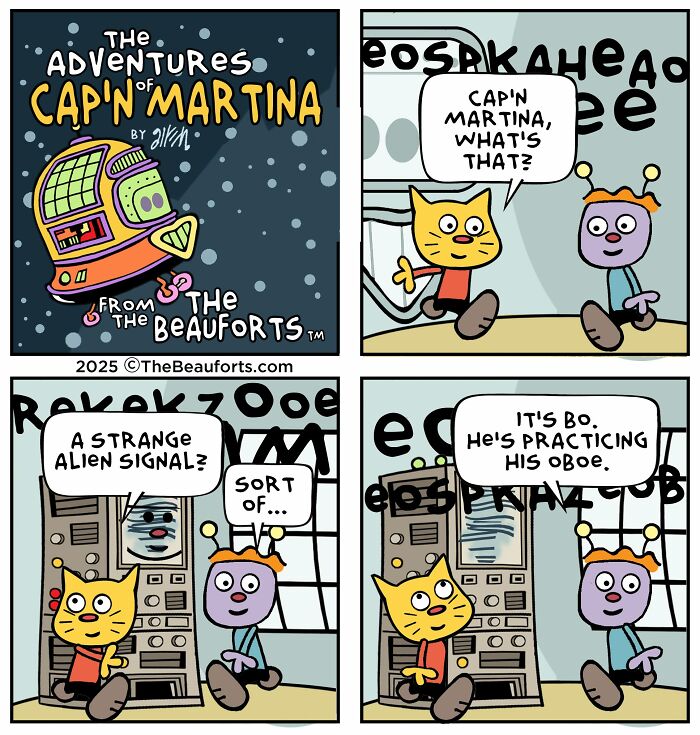 Funny space comics panel where characters mistake oboe practice noise for a strange alien signal Funny space comics panel where characters mistake oboe practice noise for a strange alien signal