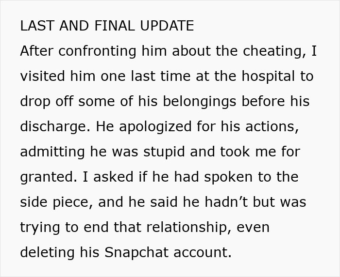 Text snippet updating that a woman confronted her boyfriend about cheating while in the hospital for heart surgery.