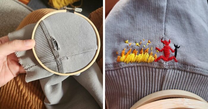Before and after embroidery of a small devil near a campfire to cover a hole and save money with creativity