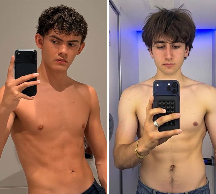 Side-by-side mirror selfies of Joe Locke and his alleged secret partner showing off their physiques.