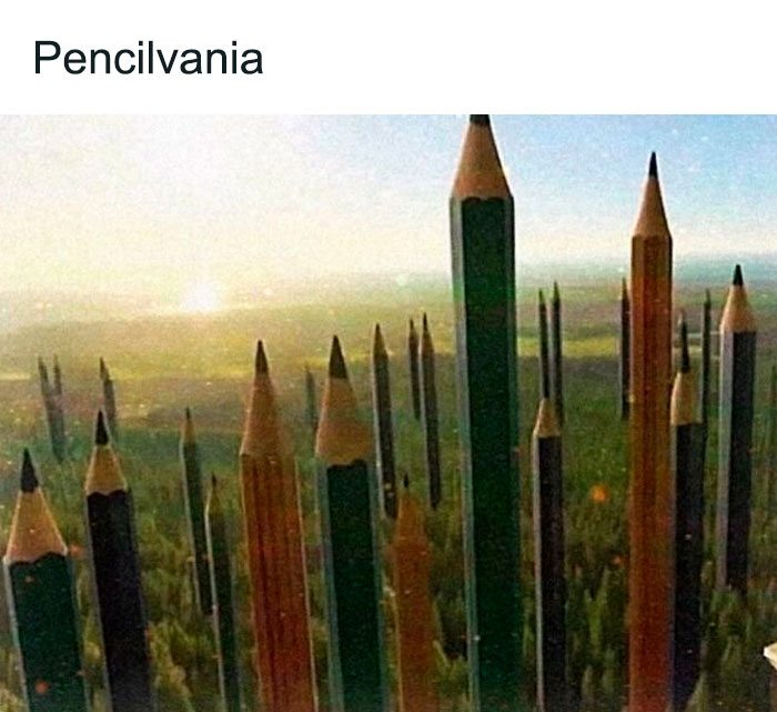 Hilarious memes featuring pencils sticking out of the ground labeled Pencilvania