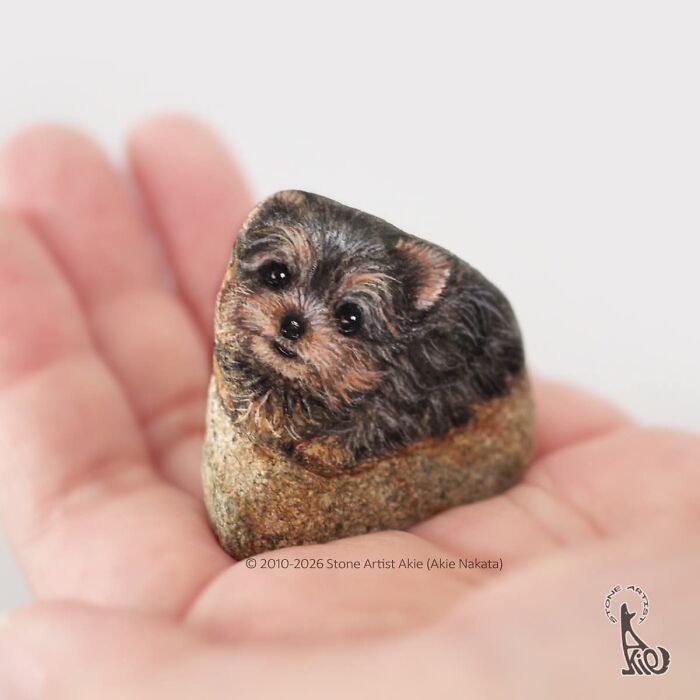 Stone art of small black and brown dog held in hand