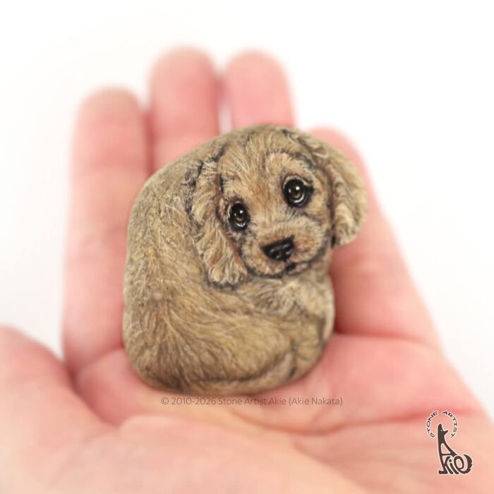 Hand holding stone with detailed painting of a cute dog face