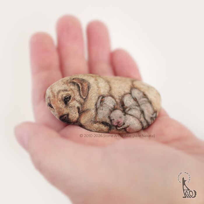 Realistic dog and puppies painted on a small stone in hand