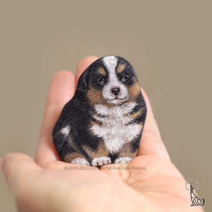 Hand holding a stone painted as an adorable realistic dog puppy art