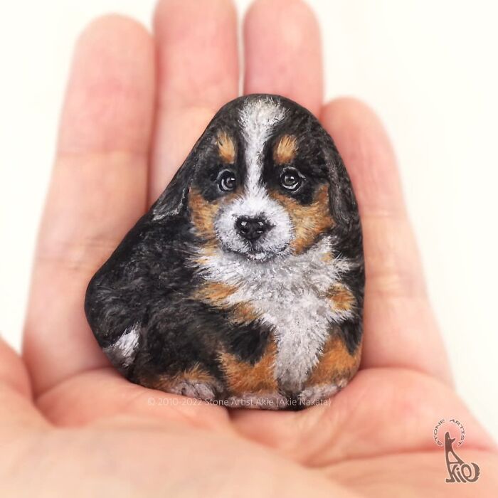 Stone painted with intricate dog puppy design held in an open hand